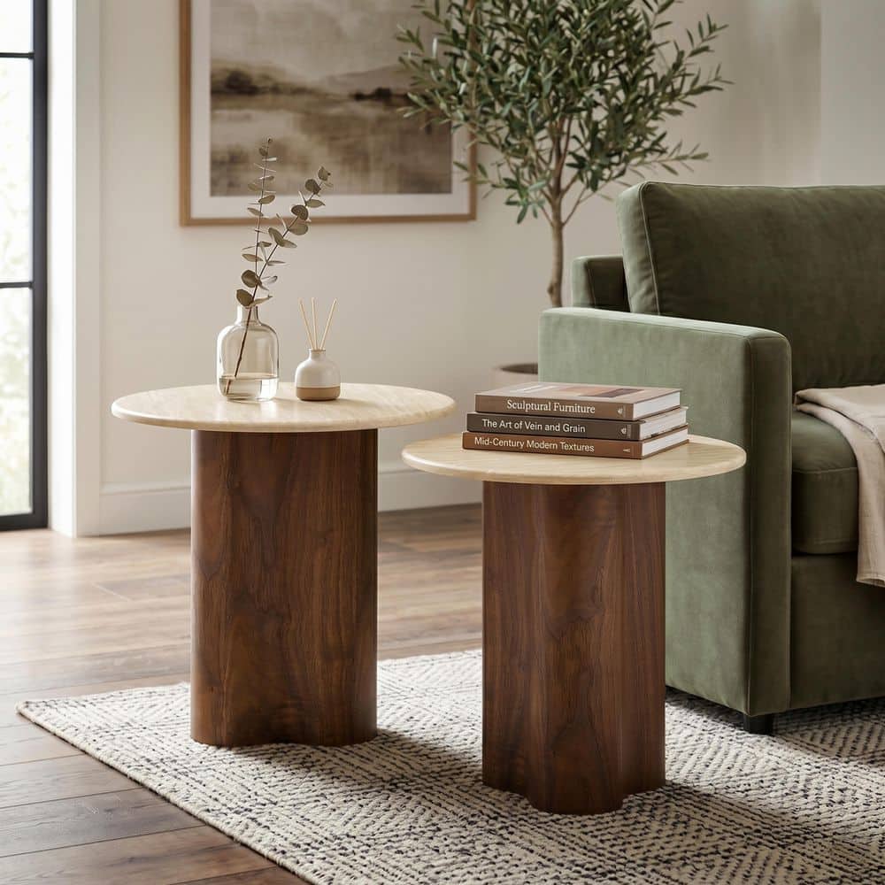 Roan 21.5 in. Walnut Round Sintered Stone Top End Table with Curved and Wavy Trestle Base (Set of 2)