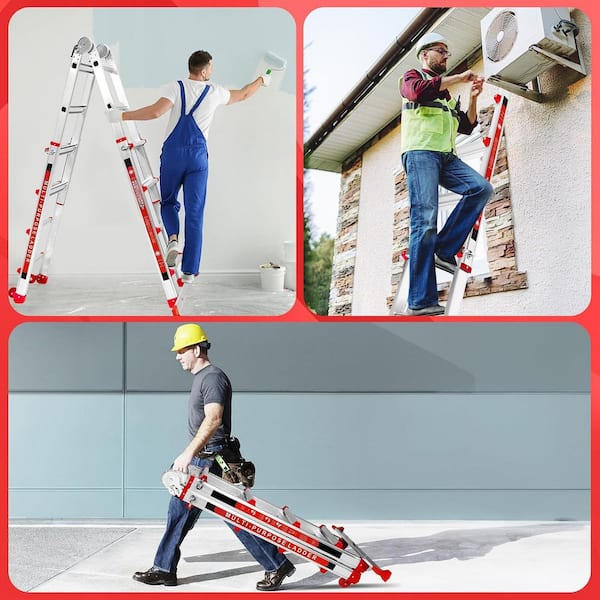 A Frame 4 Step Telescoping Ladder with Stabilizer Bar & Wheels 14FT Aviation-Grade Aluminum Alloy 330lbs Max Capacit