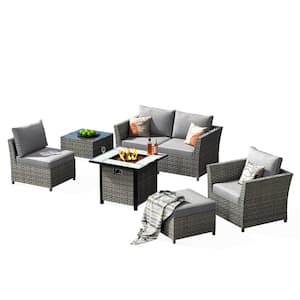 Bexley Gray 7-Piece Wicker Fire Pit Patio Conversation Seating Set with Dark Gray Cushions