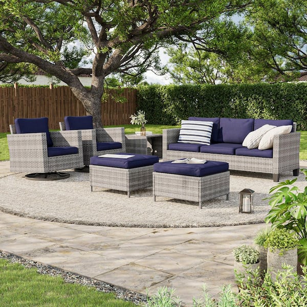 6-Piece Gray Wicker Outdoor Seating Sofa Set with Swivel Rocking Chairs, Navy Blue Cushion