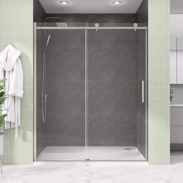 59 in. W x 75 in. H Single Sliding Glass Frameless Bypass Shower Door in Brushed Nickel with 5/16 in. Tempered Glass
