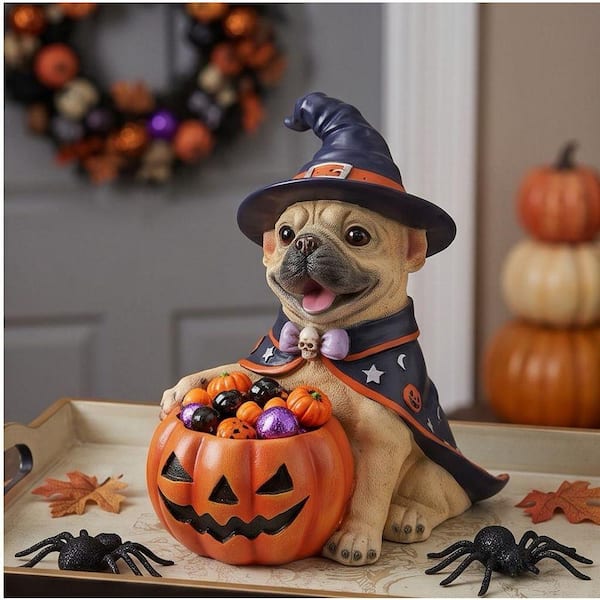 12.6 in. Beige Resin Halloween French Bulldog Witch Puppy Garden Statue with Pumpkin Candy Bowl