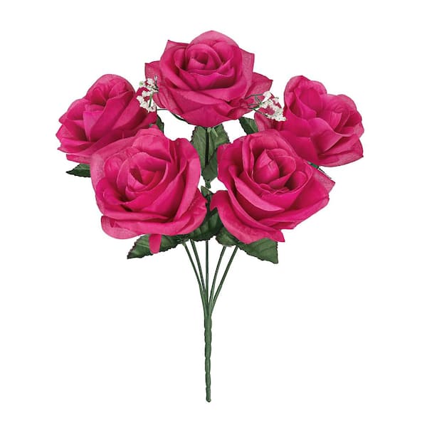 LIVING LUXURY 14 in. Hot Pink Artificial Open Rose Flower Stem Bush Bouquet (Set of 12)