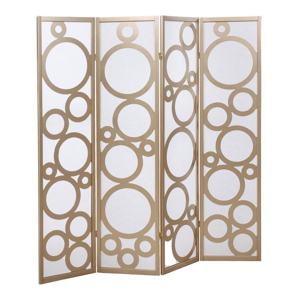 70 in. W x 70 in. H Gold 4-Panel Wood Room Divider with Circle Pattern, Solid Wood Frame Freestanding