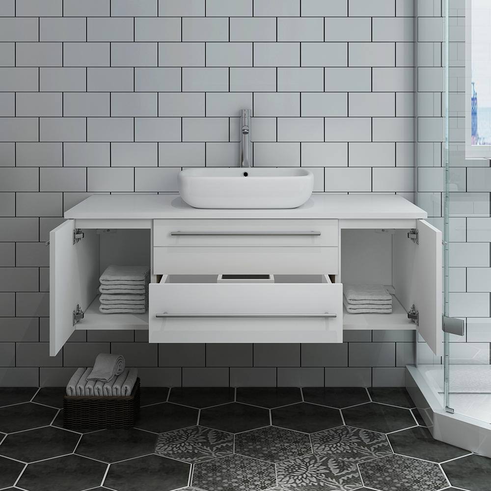 48" White Quartz Stone Wall-Mount Vanity with Vessel Sink