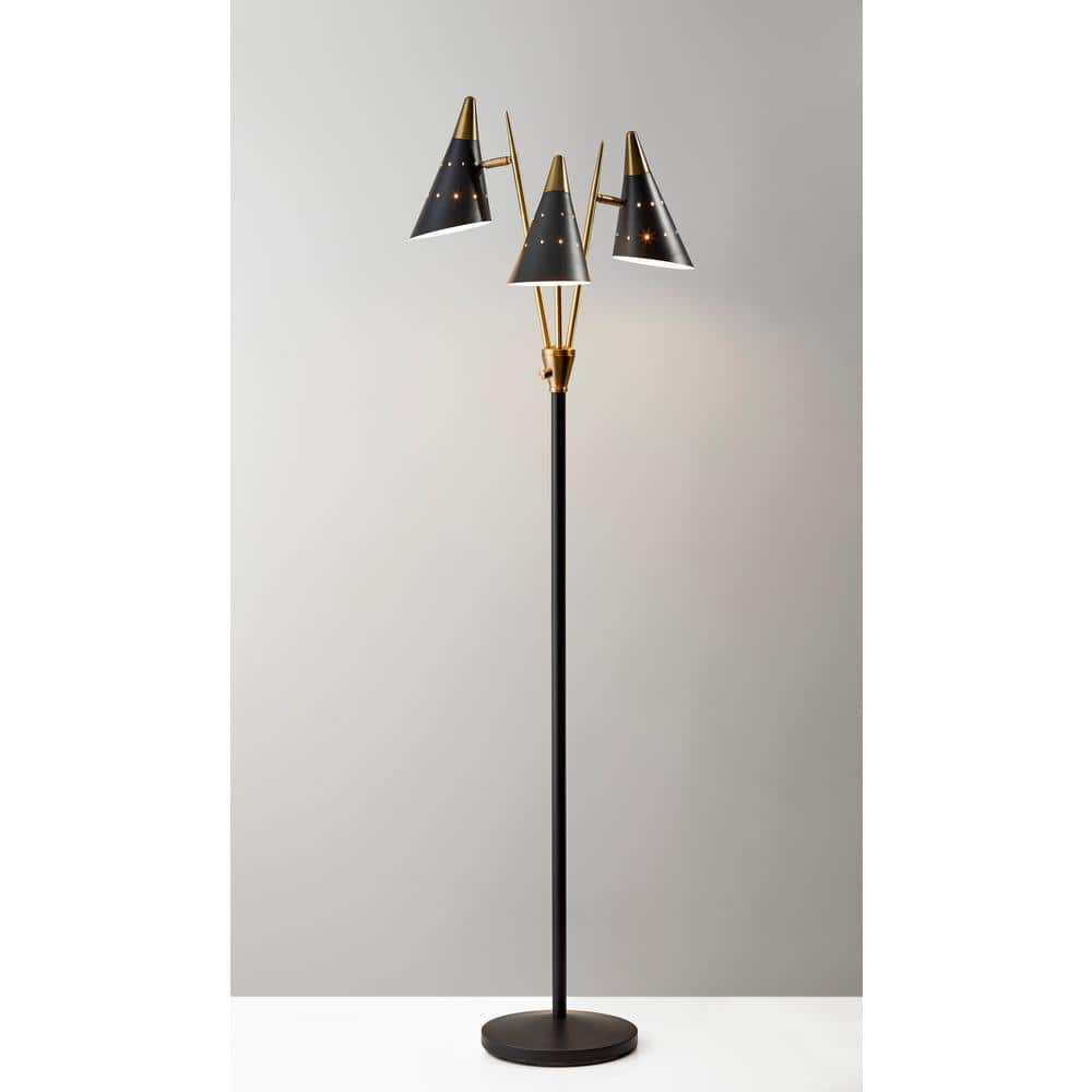 Nadine Matte Black and Antique Brass 3-Arm Adjustable Floor Lamp
