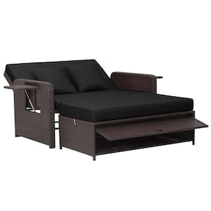2 in-1-Function Wicker Outdoor Day Bed with Retractable Top Canopy Side Tables and Black Cushions