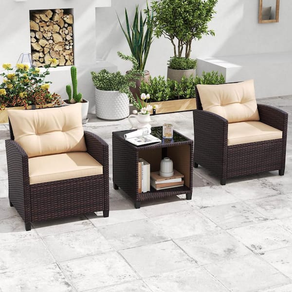 3-Piece Wicker Patio Conversation Set Patio Sofa Set with Beige Cushions & Tempered Glass Tabletop for Backyard