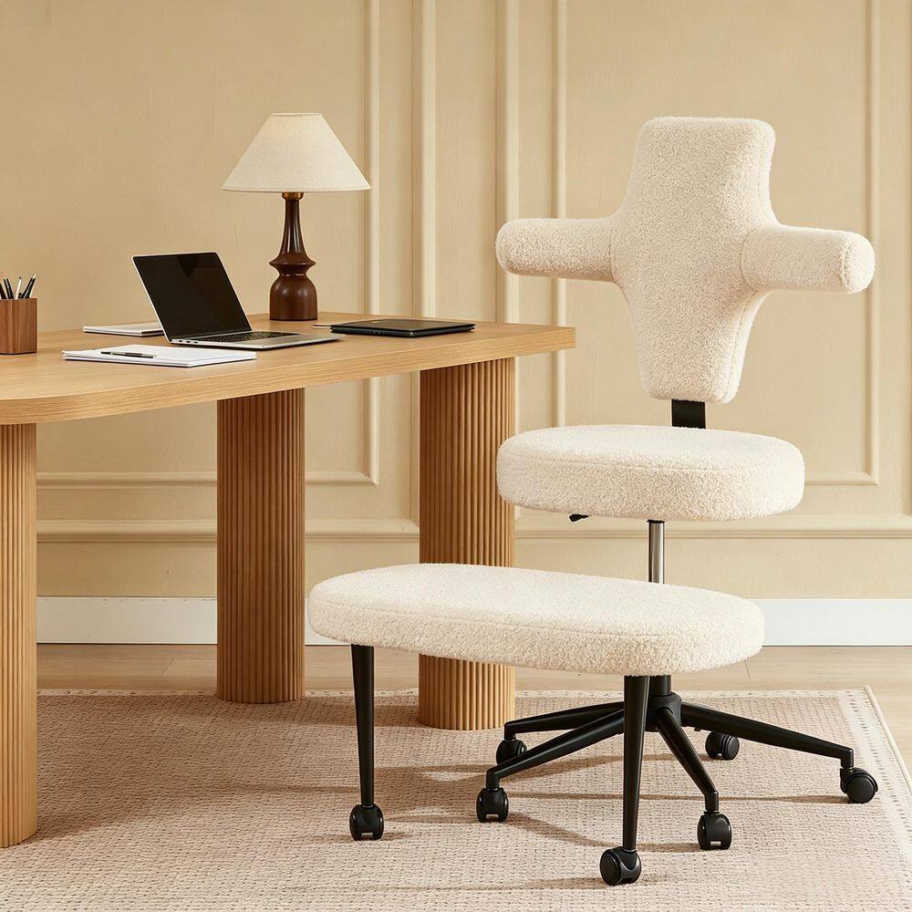 Fabric Cross-Legged 360° Swivel Footrest Height Adjustable Ergonomic Task Chair in Fabric White with No Arms