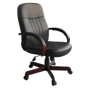 HomePro Executive Chair Black Leather Mahogany Wood Padded Arms Pneumatic Lift