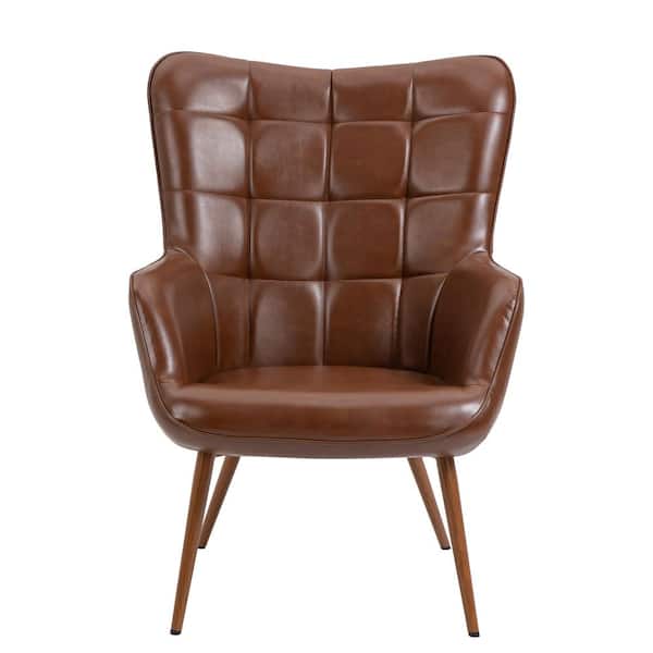 Uixe Vintage Reddish Brown PU leather upholstered armchair with metal legs(Set of 1)