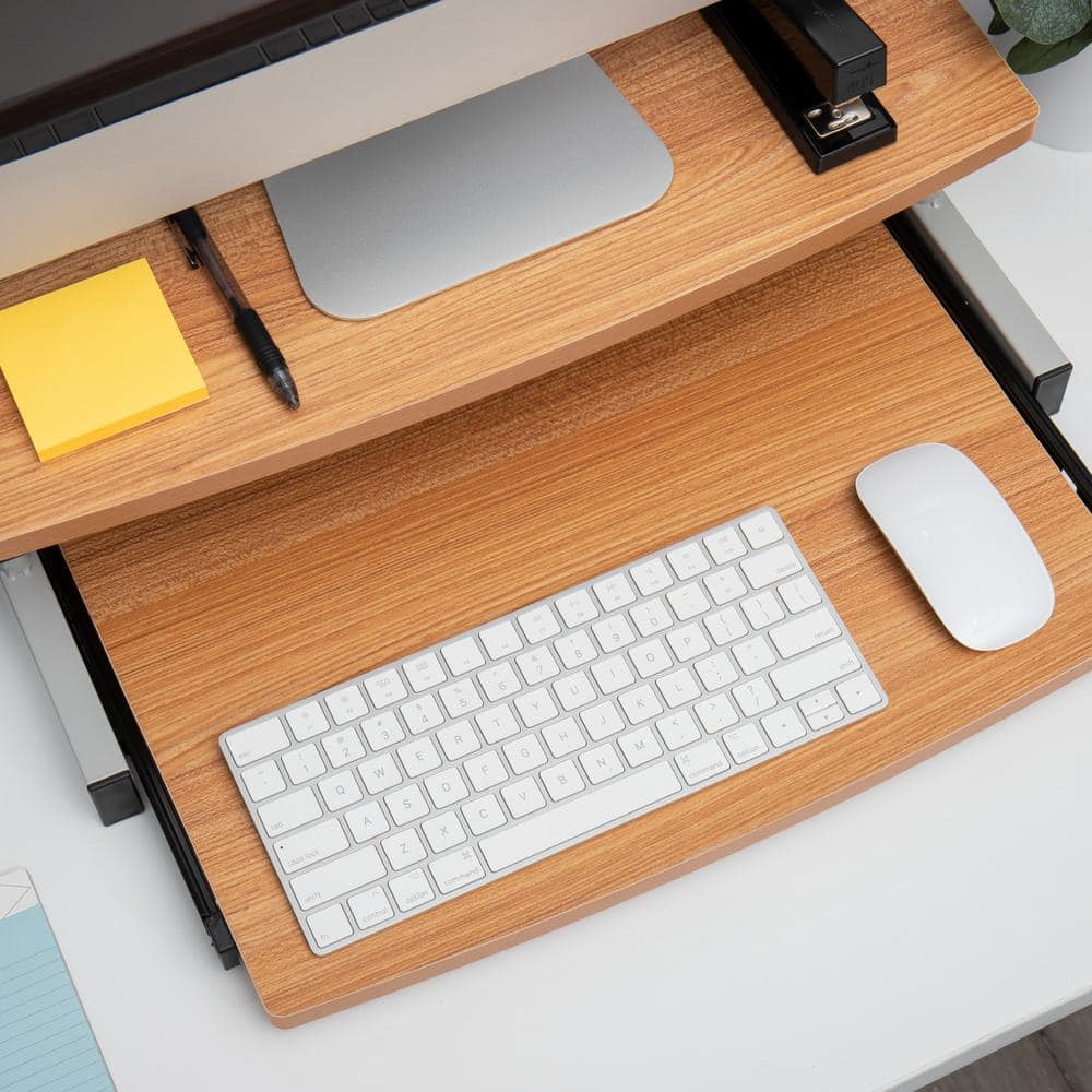 Brown MDF and Metal Monitor Stand with Sliding Keyboard Drawer