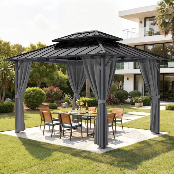Norcrest 10 ft. x 12 ft. Metal Hardtop Outdoor Gazebo with Double Roof  with Nettings and Dark Gray Curtains