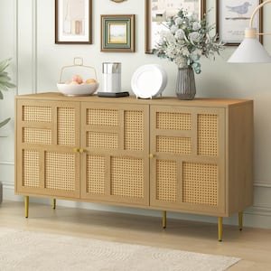 Burly Wood Color Wood 57 in. Sideboard with Rattan Design Doors and Metal Legs