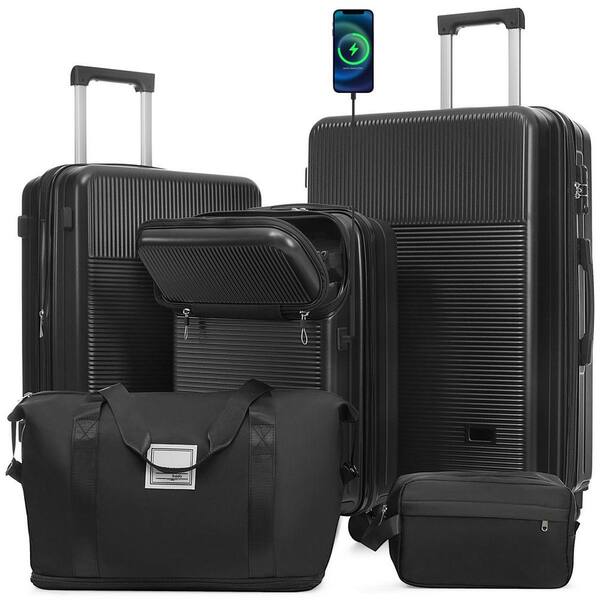 LIVACA 5-Piece Black ABS Plastic Hardside Lightweight Luggage Set