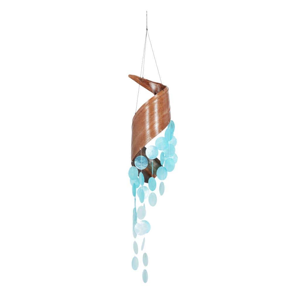 Teal Capiz Shell Spiral Wind Chime with Wooden Accent