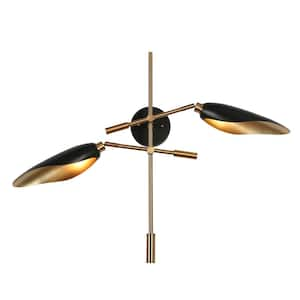 Toltehcwe Modern 30.5 in. 2-light Wall Sconce with Plating Brass and Black Shade, Adjustable Industrial Lamp for Bedroom