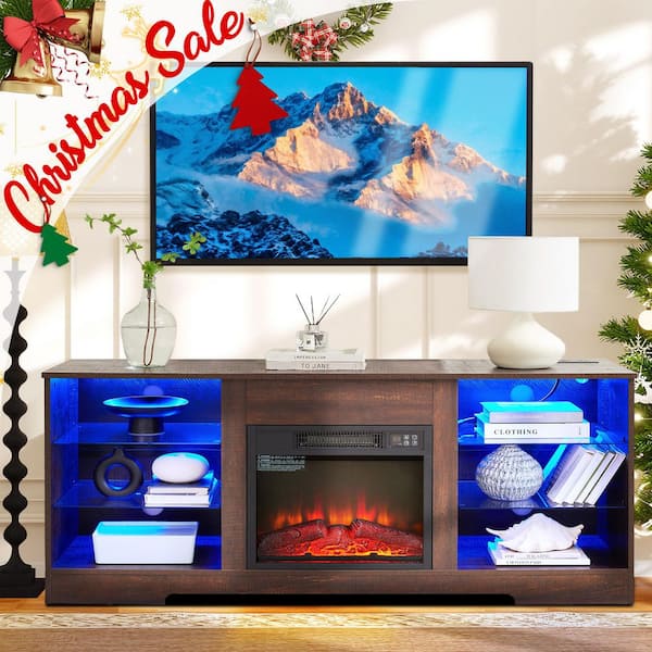 58 in. Freestanding TV Stand, with 18 in Electric Fireplace, LED Lights USB Charging Outlet Glass Shelves Espresso Brown