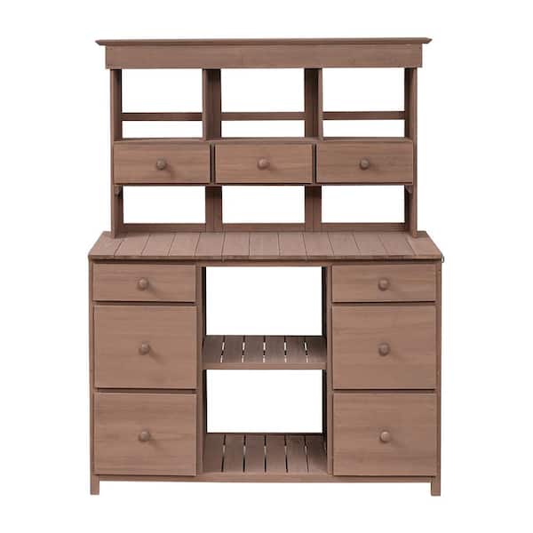 Zeus & Ruta Garden Potting Bench Table, Rustic and Sleek Design with Multiple Drawers and Shelves for Storage, Brown