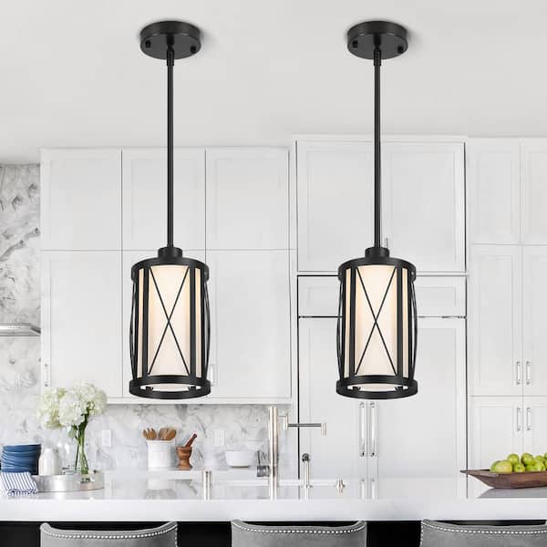 1-Light Black Modern Drum Pendant Metal Frame and White Glass Shade for Kitchen Island (Set of 2)