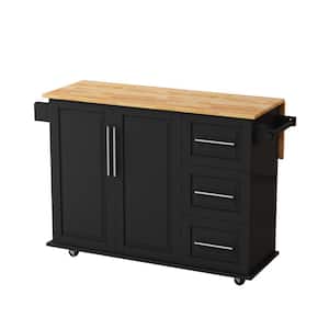 Modern Black Wood 51.97 in. Kitchen Island with Drawers, Spice Rack and Towel Rack