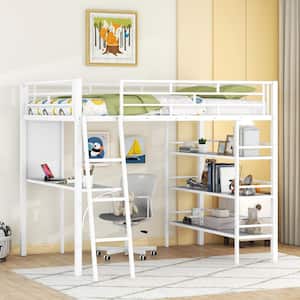 White Metal Full Size Twin Size Loft Bed with 3-Tier Shelves and Wood Desk, Whiteboard, Inclined Ladder