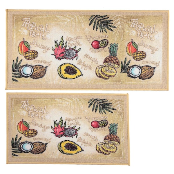 J&V TEXTILES Tropical Fruits Non-Slip 19 in. x 39 in. - 18 in. x 30 in. 2-Piece Kitchen Mat Rug Set