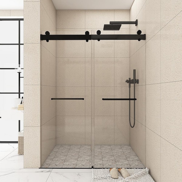 JimsMaison 72 in. W x 79 in. H Double Sliding Frameless Shower Door in Matte Black Finish with Clear Glass