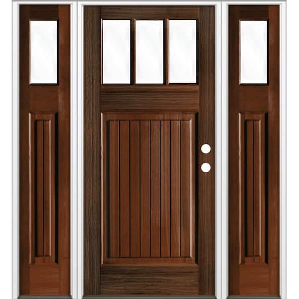 64 in. x 80 in. Craftsman 3-Lite Clear Glass VG Red Mahogany Stain Left Hand Hemlock Wood Prehung Front Door w/DSL