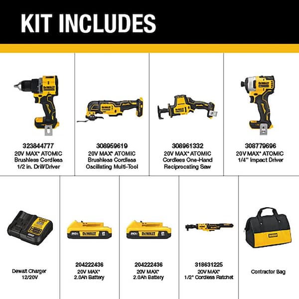 ATOMIC 20V Lithium-Ion Cordless Brushless Combo Kit 4-Tool and ATOMIC 1/2 in. Ratchet with (2) 2Ah Batteries and Charger