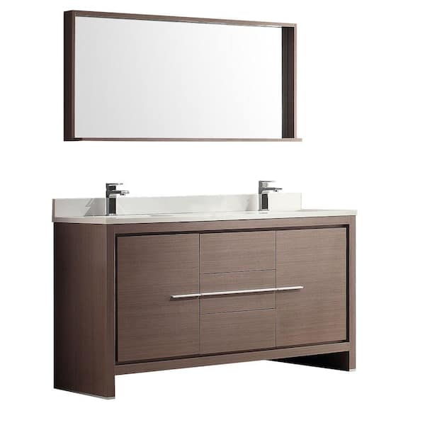 Fresca Allier 60 in. Double Vanity in Gray Oak with Glass Stone Vanity Top in White with White Basins and Mirror