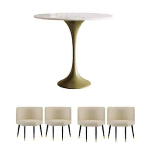 Round White Faux Marble Top 35.5 in. Pedestal Dining Table with Metal Frame Seat 4 (Included)