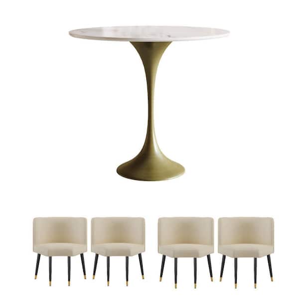 JASIWAY Round White Faux Marble Top 35.5 in. Pedestal Dining Table with Metal Frame Seat 4 (Included)