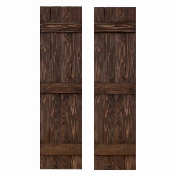 null 14 in. x 54 in. Traditional Wood Board and Batten Shutters Pair in Coffee Brown