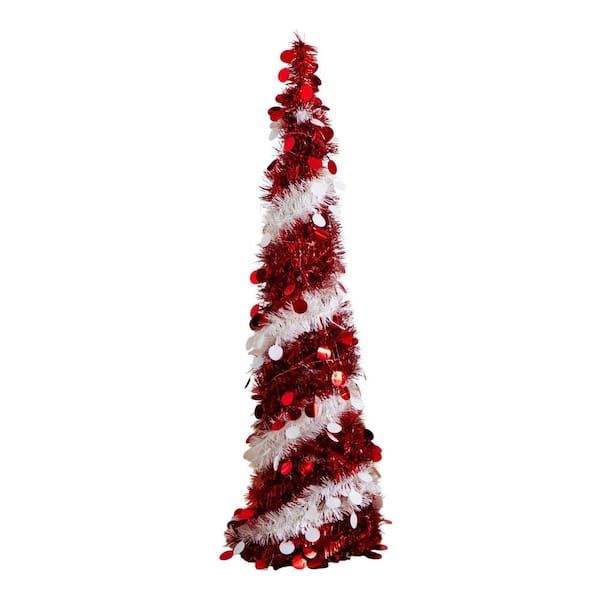 4 ft. Pre-Lit Pop up Red and White Tinsel Christmas Tree with 50-Multicolored LED Lights