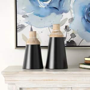 Black Triangular Colorblock Wood Decorative Vase with Light Brown Wood Tops (Set of 2)