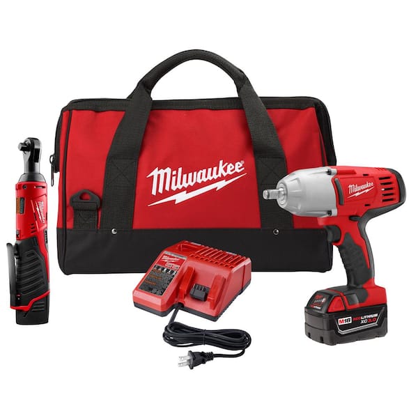 Milwaukee M18/M12 12/18V Lithium-Ion Cordless 3/8 in. Ratchet and 1/2 in. Impact Wrench with Friction Ring Combo Kit