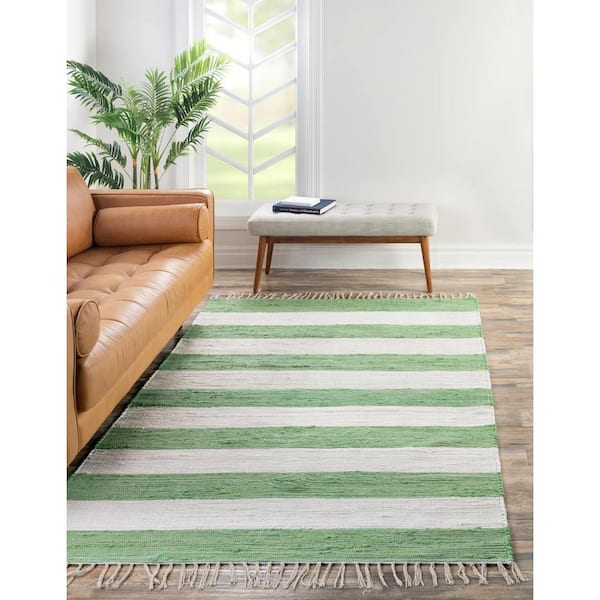 Chindi Rag Striped Green and Ivory 9' 0 x 12' 0 Area Rug