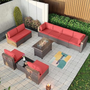 10-Piece Wicker Patio Conversation Set with 55000 BTU Gas Fire Pit Table and Glass Coffee Table and Red Cushions
