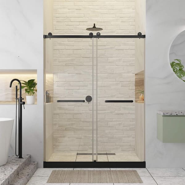 FINE FIXTURES 48 in. W x 80 in. H Double Sliding Frameless Shower Door in Black Finish with Tempered Clear Glass