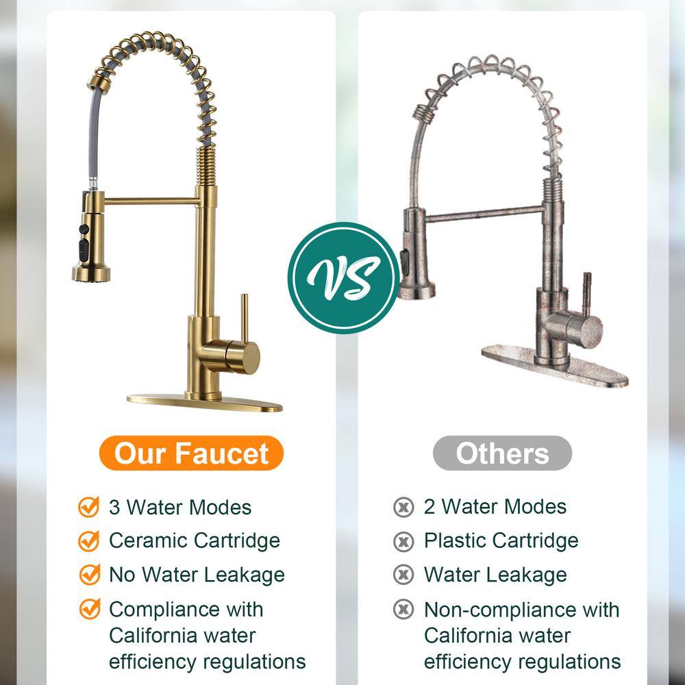 Brushed Gold Stainless Steel Pull Down Kitchen Faucet with Soap Dispenser