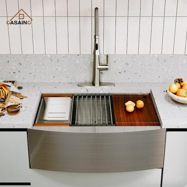 Stainless Steel Sink 36 in. Single Bowl Farmhouse Apron Kitchen Sink with 2-Function Brushed Nickel Kitchen Faucet