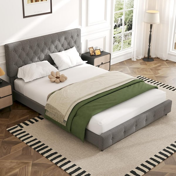 JEAREY Black and Grey Full Linen Upholstered Storage Platform Bed Frame with Headboard