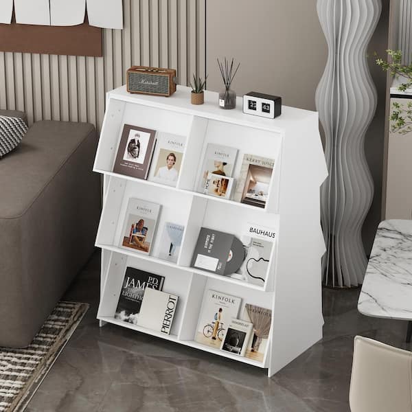 FUFU&GAGA 47.2 in. Tall White Wooden 12-Shelf Bookcase with Open 2-Side Tilted Bookshelves for Display and Storage Books