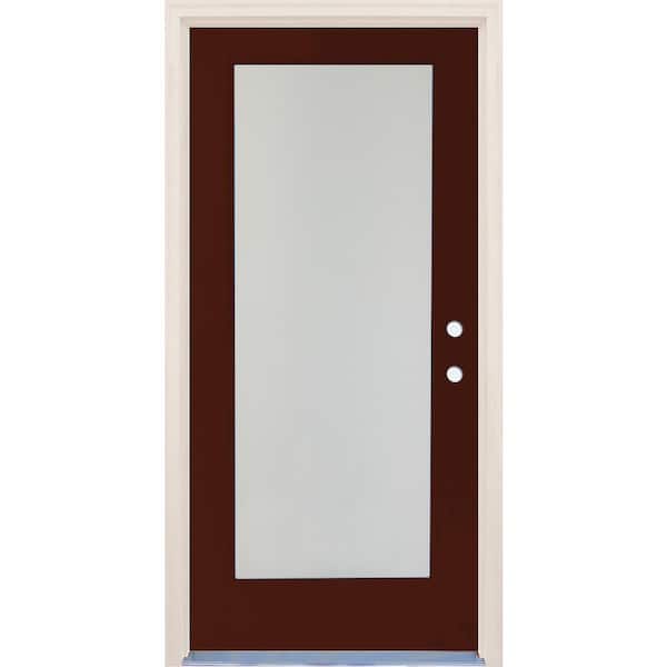 Builders Choice 36 in. x 80 in. Left-Hand/Inswing 1 Lite Satin Etch Glass Chestnut Fiberglass Prehung Front Door w/4-9/16" Frame
