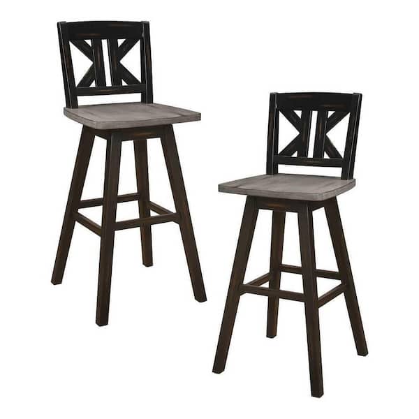 EVERGLADE HOME Fenton 42.5 in. Distressed Gray and Black Full Back Wood Frame Swivel Dining Bar Stool with Wooden Seat (Set of 2)