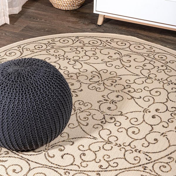 JONATHAN Y Charleston Vintage Filigree Beige/Brown 5 ft. Textured Weave Indoor/Outdoor Round Area Rug