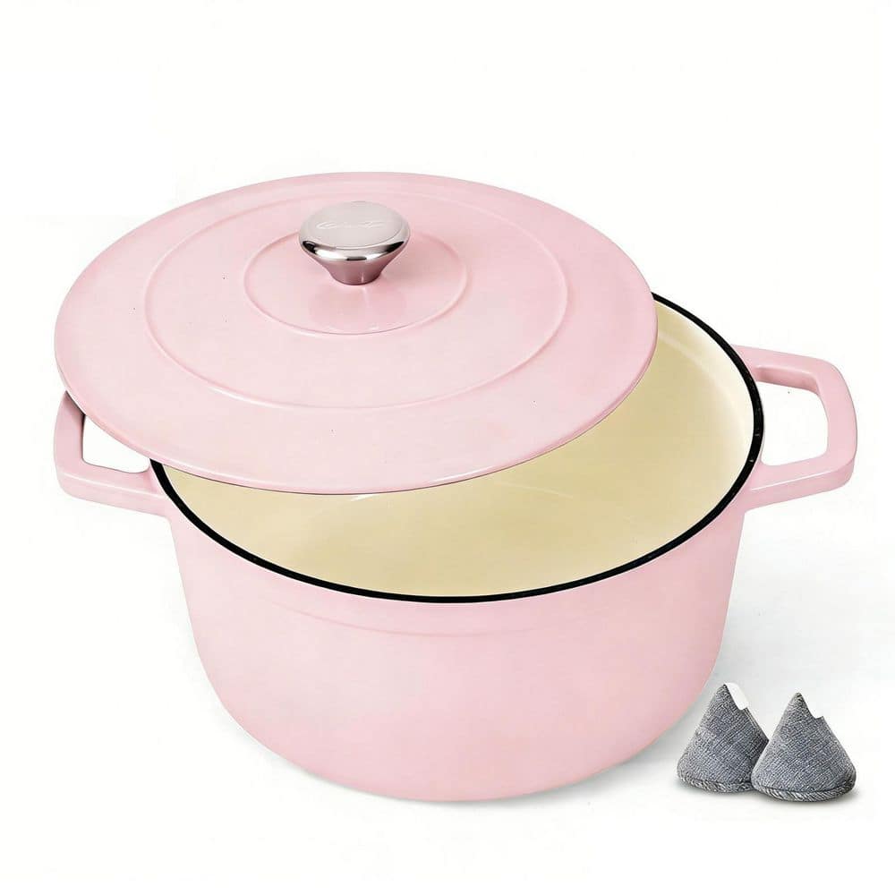 Wudkey 6 qt. Cast Iron Dutch Oven in Pink with Lid, Dual Handles