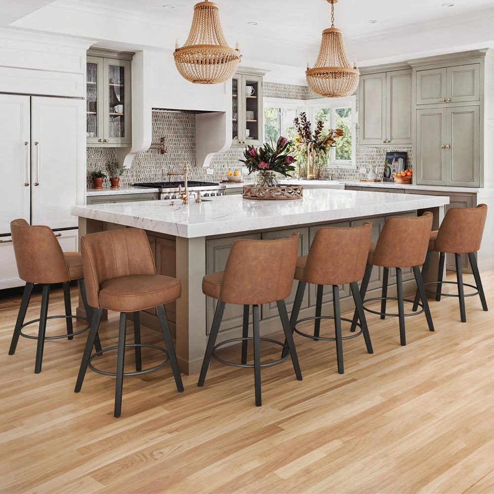 26 in. High Back Brown Faux Leather Solid Wood Frame Swivel Bar Stool Modern Counter Height Stool (Set of 6)