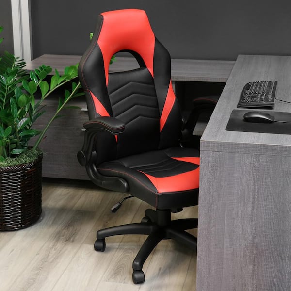 Elama High Back Adjustable Faux Leather Office Chair in Black and Red